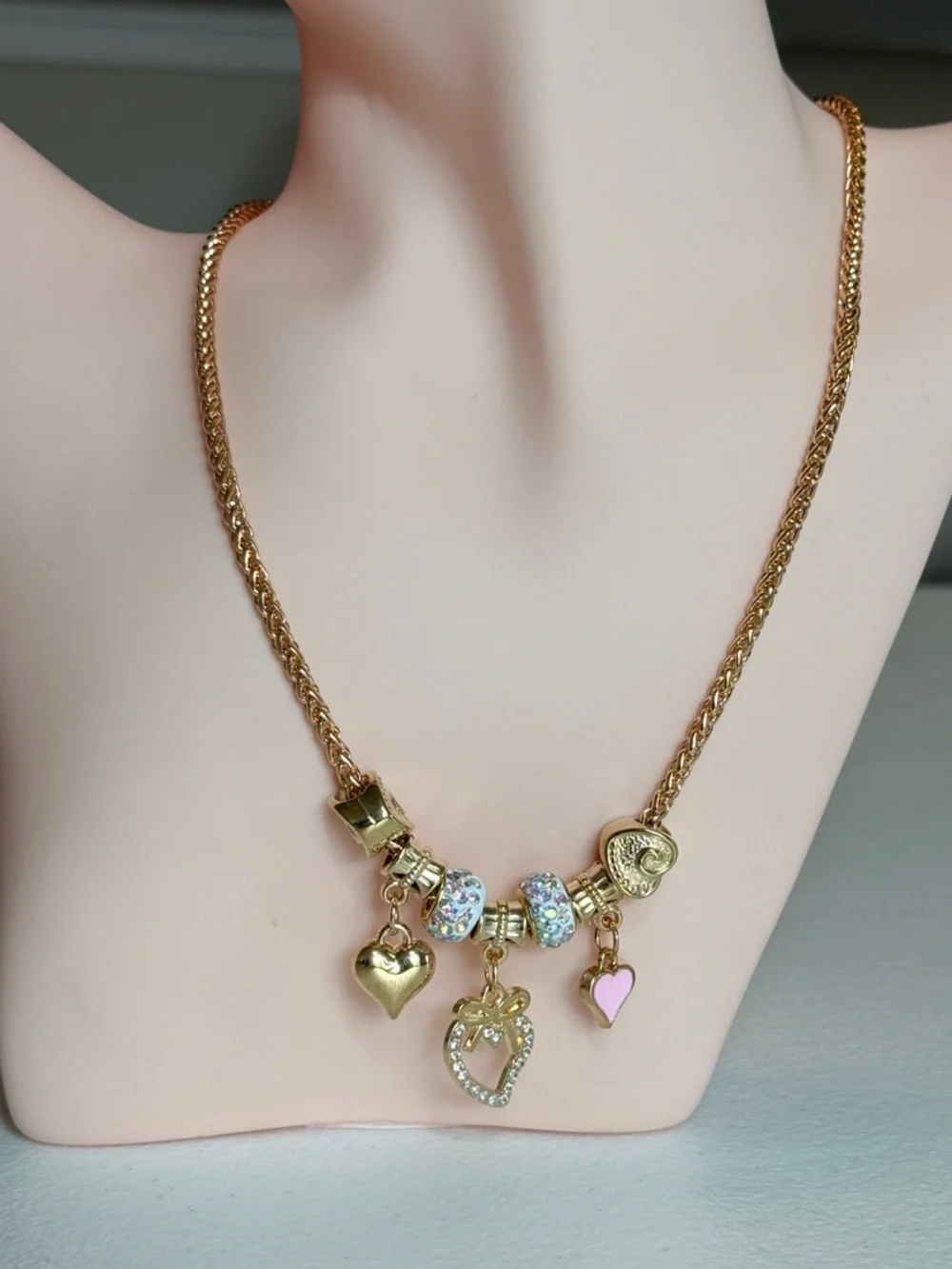 Gold Heart Charm Necklace with Pink Accent